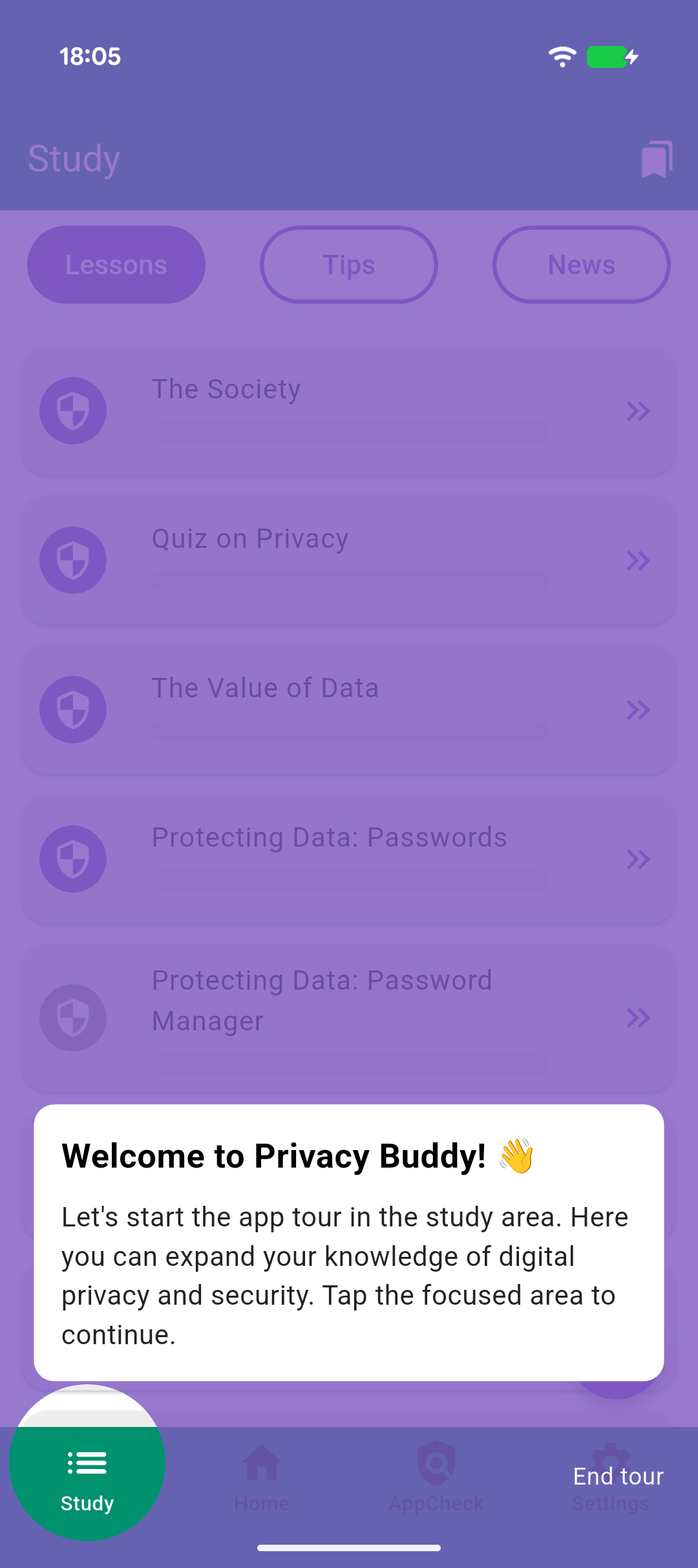 Privacy Buddy study area with a list of privacy lessons