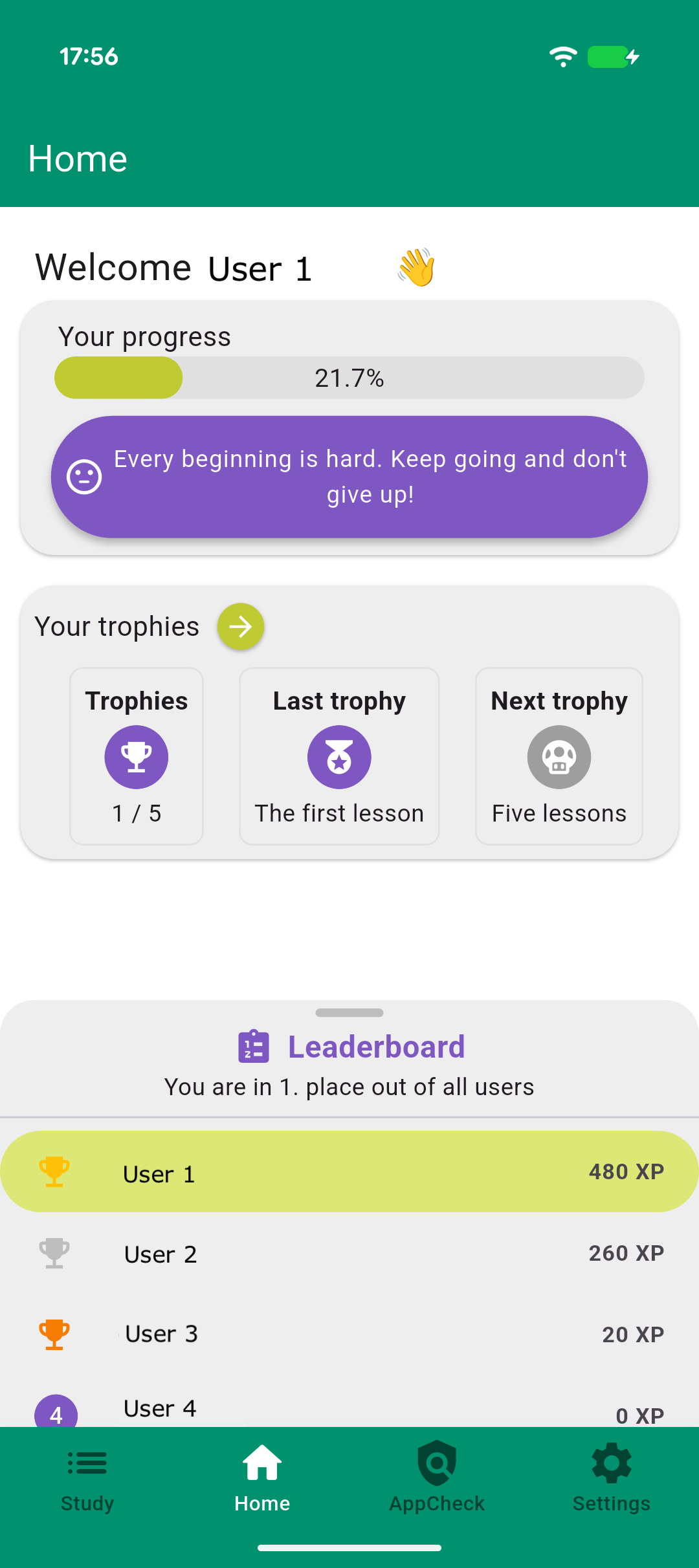 Privacy Buddy home screen showing learning progress, trophies and a leaderboard